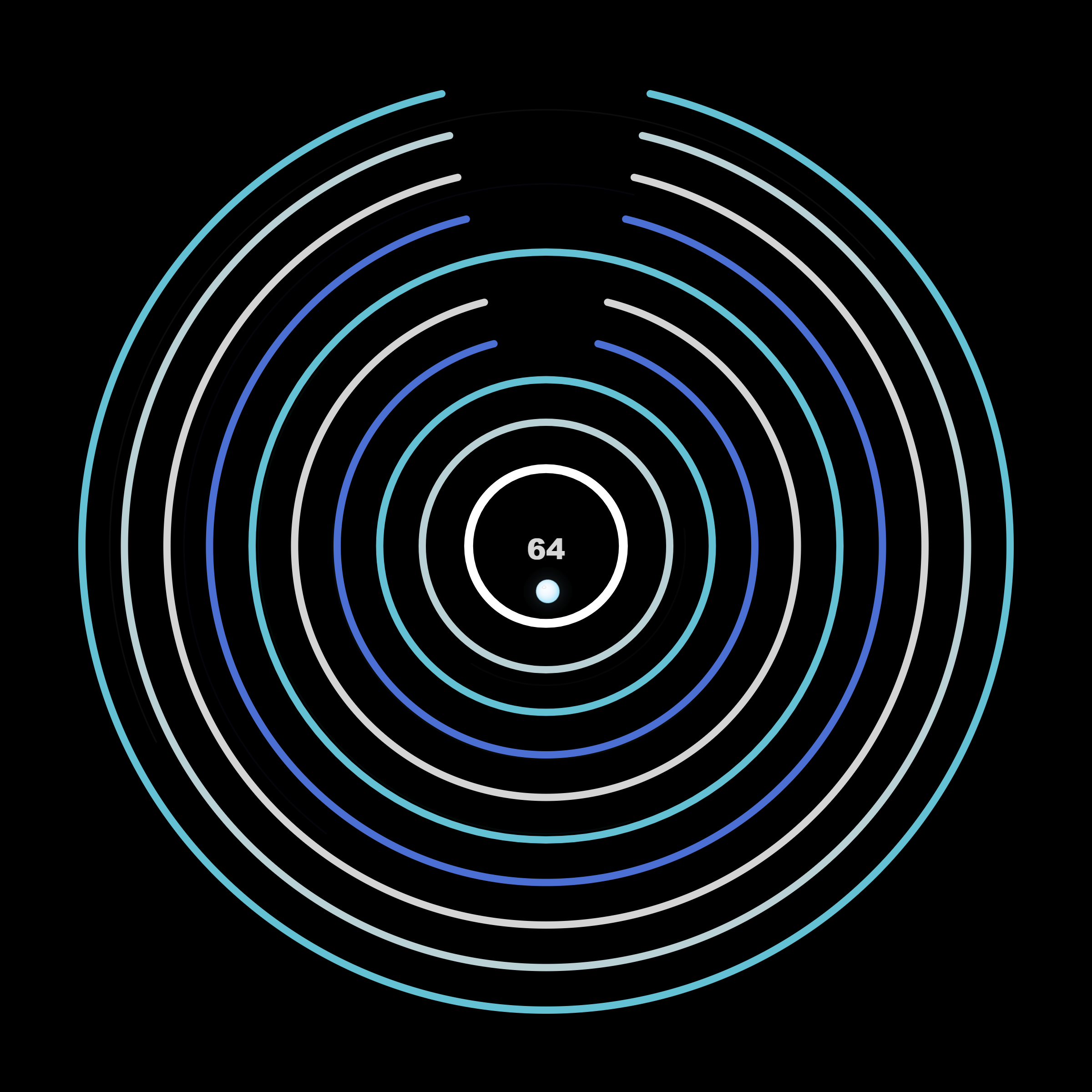 Level 1 gameplay with blue, cyan, and white circular rings, clear gaps, and the ball below the health number